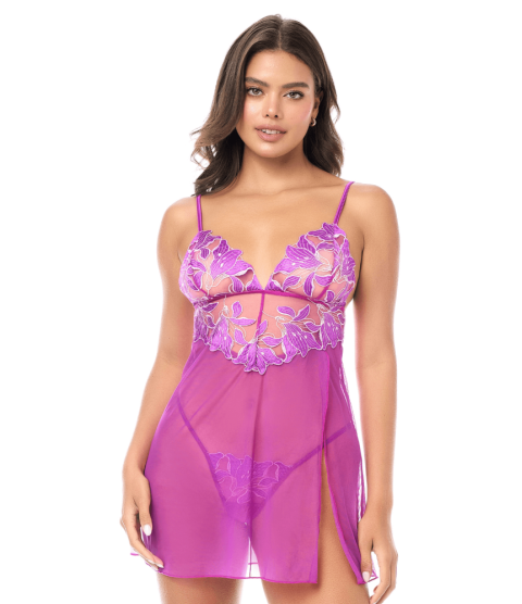 Babydoll sexy en résille transparente avec broderie florale et string Mapalé - MAL7614AZAL